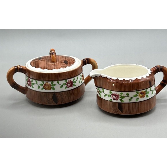 Vintage Orchard Ware Sugar Bowl‎ Lidded Woodgrain Design Roses PY Japan Cute - Picture 1 of 11